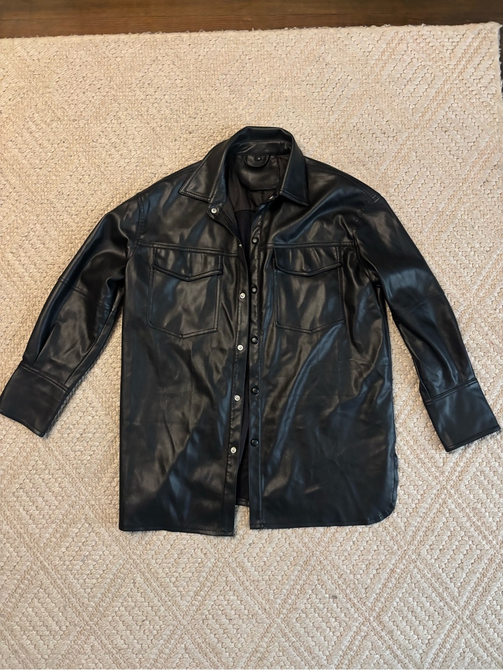 Black Leather Shirt Jacket for Women - Classic Button Front